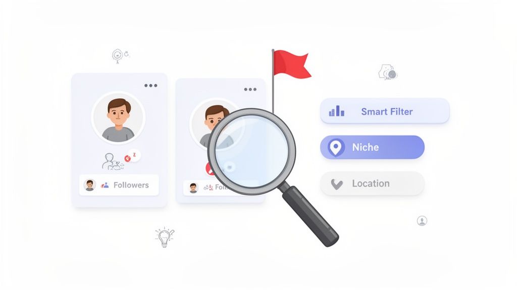 A magnifying glass searches user profiles with filters for smart filtering, niche, and location, suggesting audience targeting for social media collaborations.