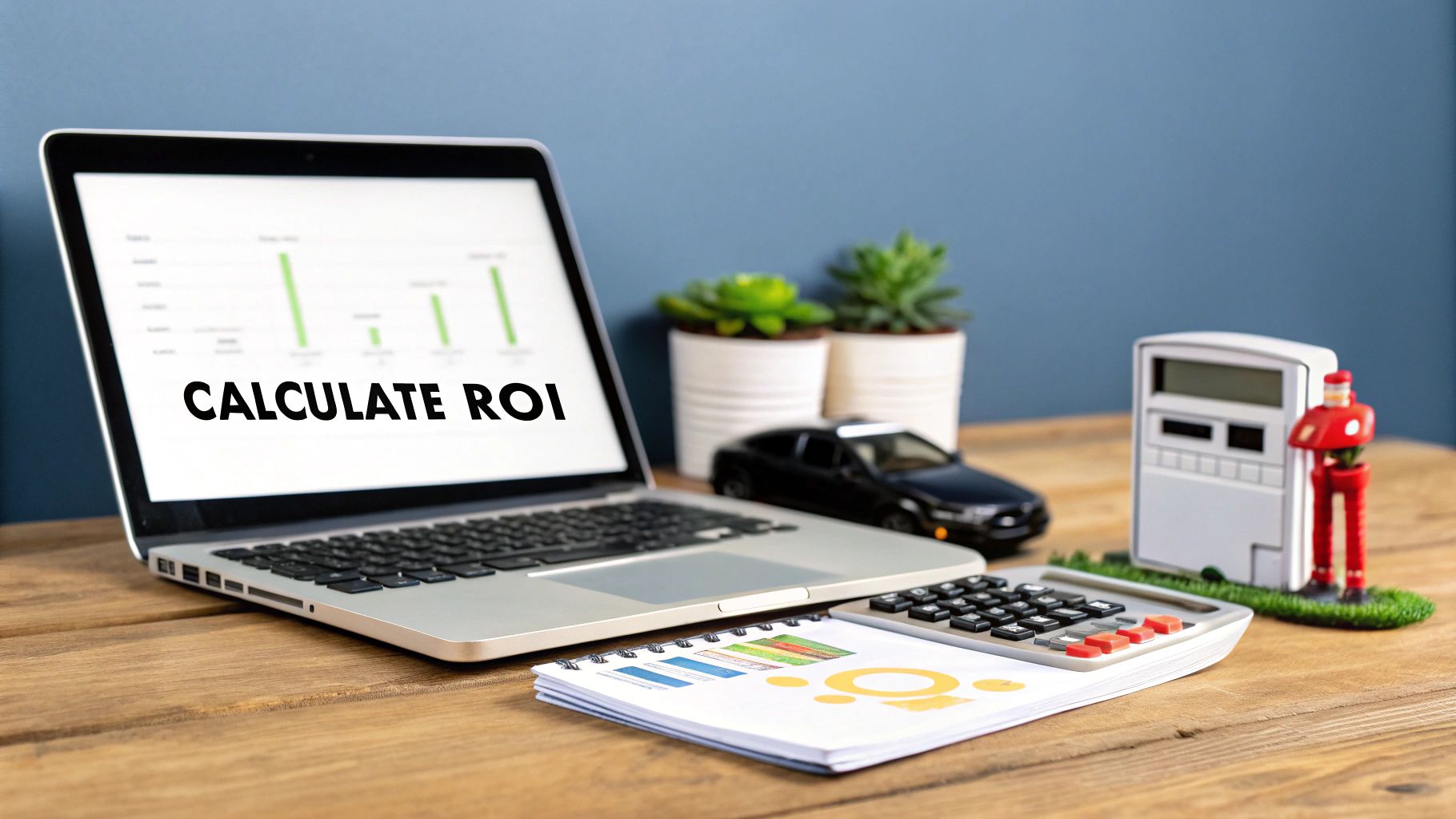 A laptop showing 'CALCULATE ROI' with a calculator, car model, and miniature gas station on a desk.