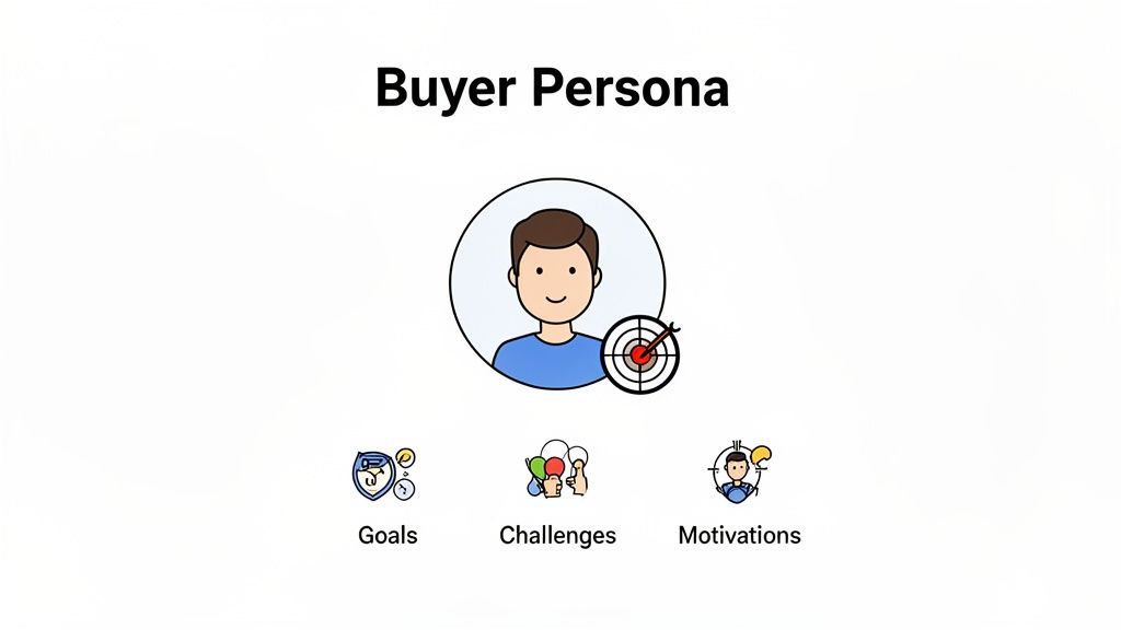 An illustration showing a buyer persona, with icons representing goals, challenges, and motivations.