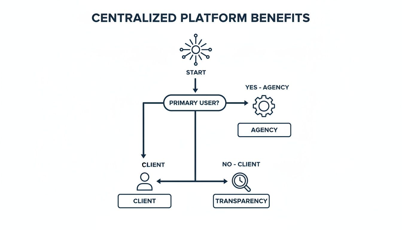 Flowchart showing centralized platform benefits, detailing paths for primary users, agencies, and clients with transparency.