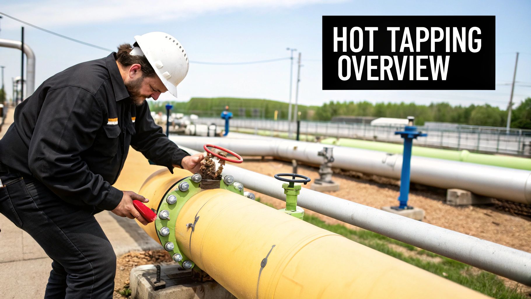Technicians performing a hot tap on a large industrial gas pipeline