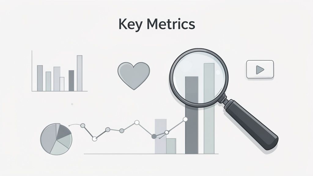 An illustration showing various key metrics including bar charts, a line graph, pie chart, heart, and magnifying glass.