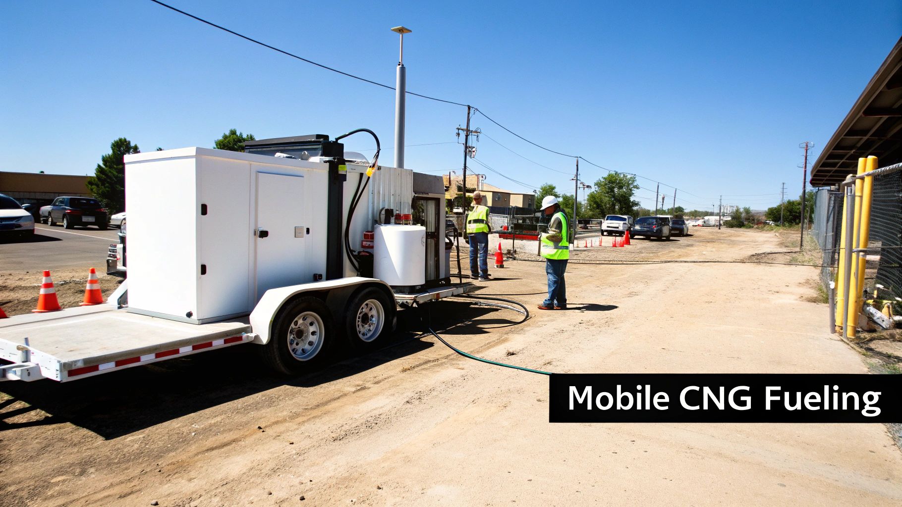 Two workers operate a mobile CNG fueling station on a trailer on a sunny day.