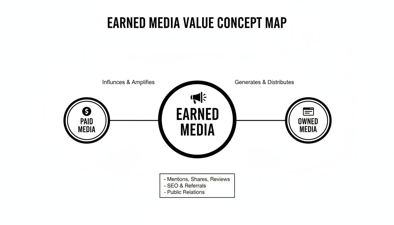 A concept map illustrating earned media value, showing paid media influencing earned media, which generates owned media.