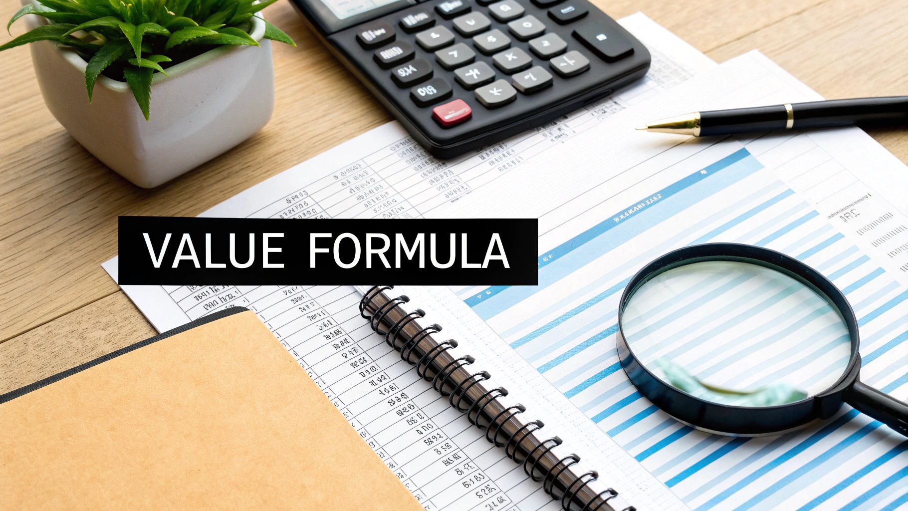 A desk with financial documents, calculator, pen, and a magnifying glass. Text: VALUE FORMULA.