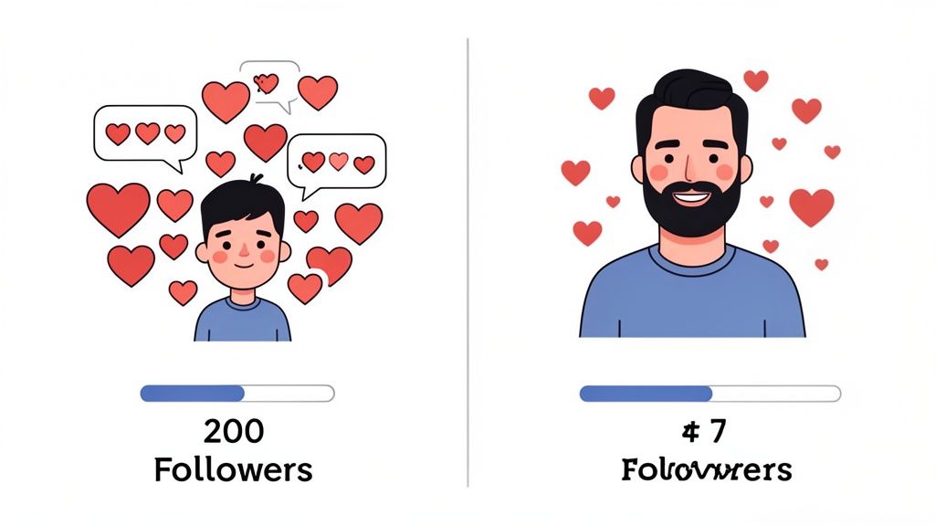 Illustration comparing two men: one young with 200 social media followers, another bearded with 47 followers, representing the shift from large to small, engaged audiences in the modern micro influencers definition.