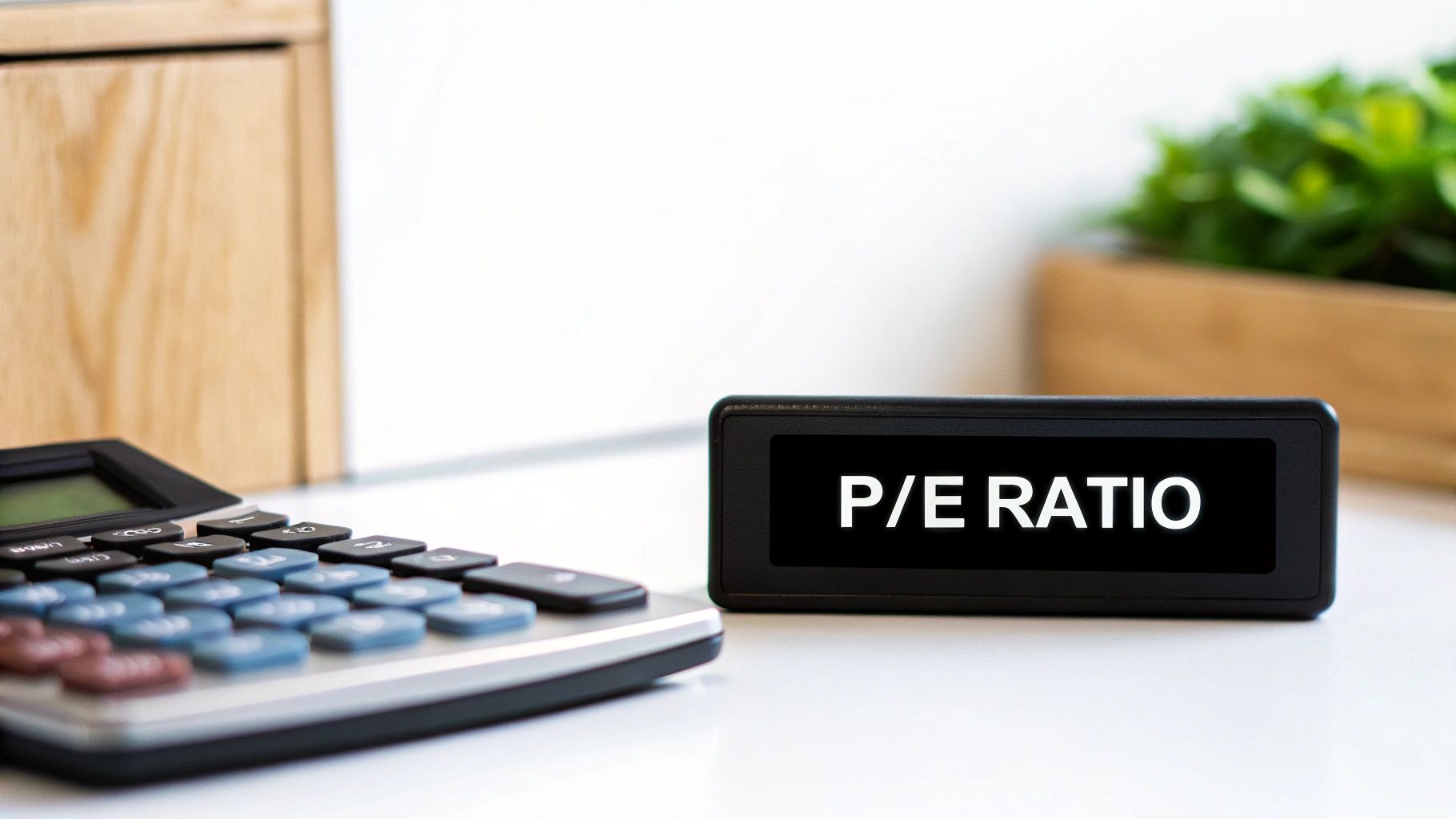A calculator sits next to a digital display showing 'P/E RATIO', used for financial analysis.