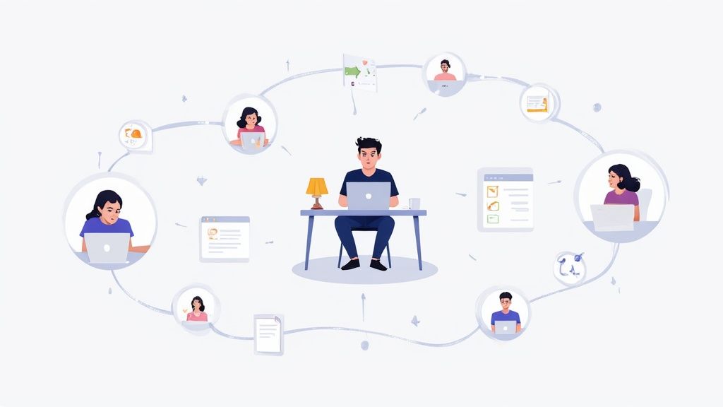 A remote team collaborating effectively through a network, with a central manager coordinating digital connections.