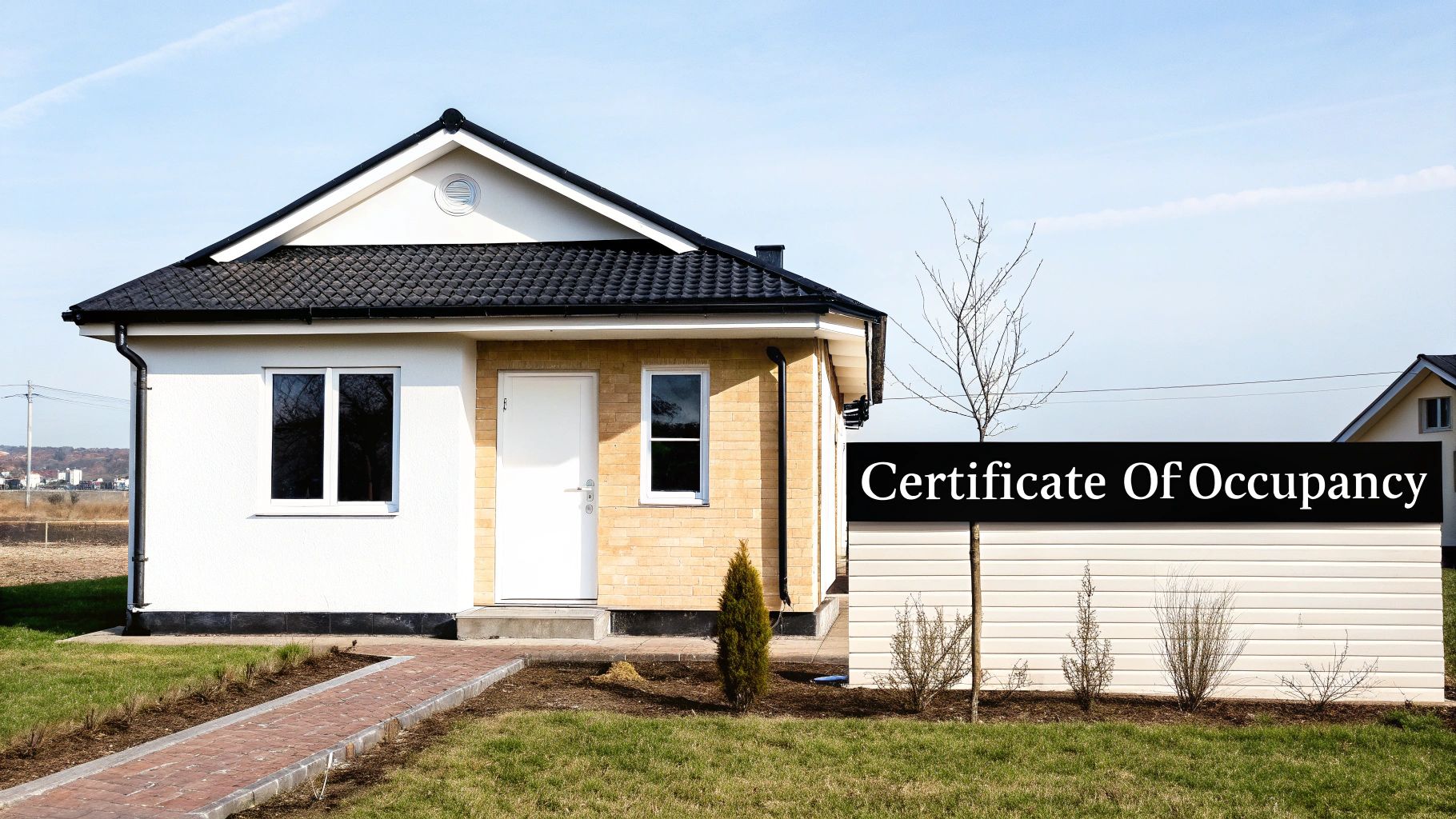 A small, modern house with a black roof and a prominent 'Certificate Of Occupancy' sign.