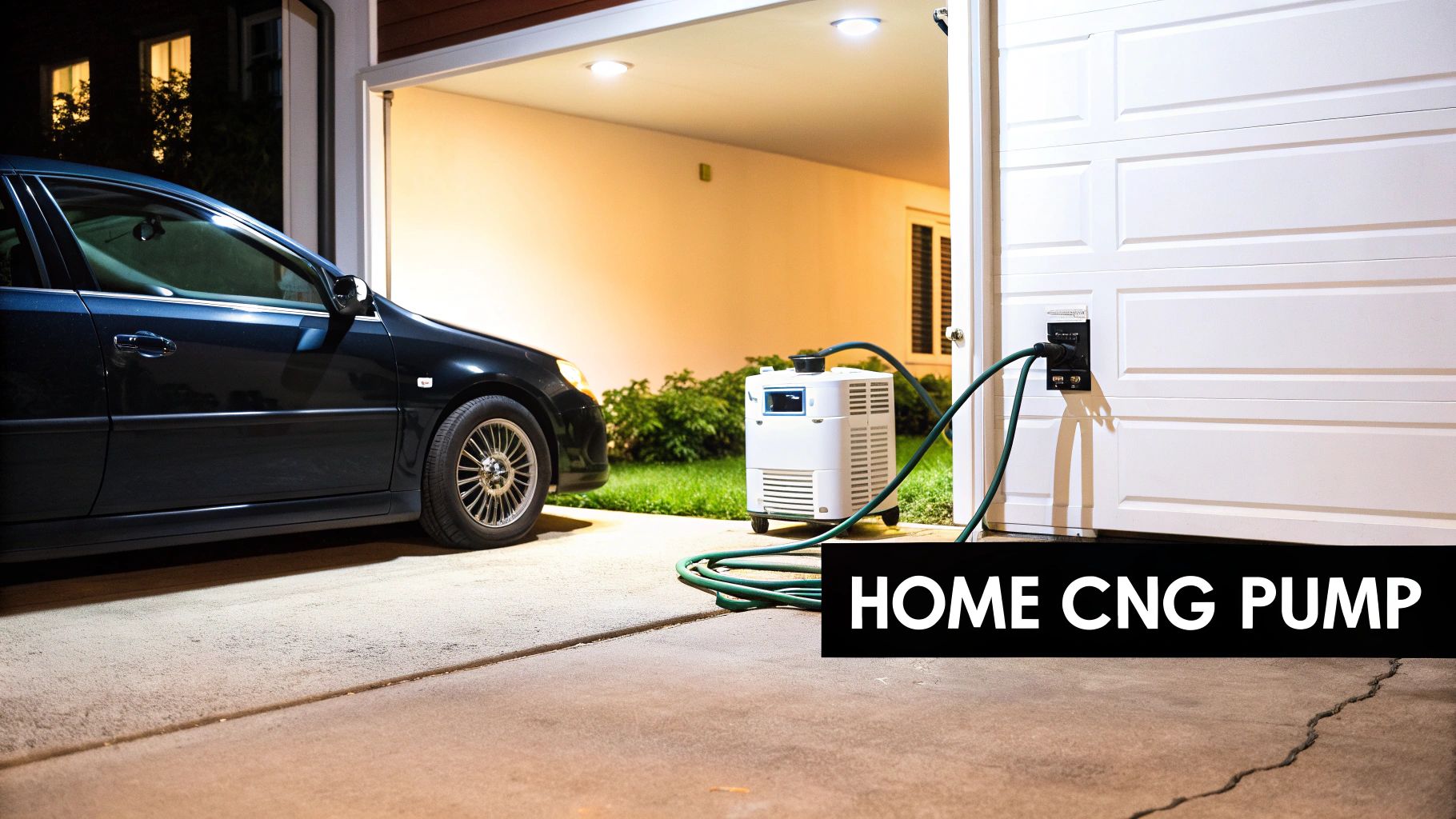 Home CNG pump connected to a car in a garage, showcasing personal natural gas refueling.