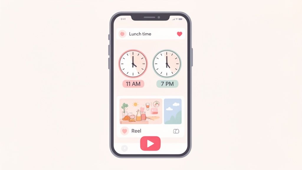 A smartphone app interface for lunch time, showing 11 AM and 7 PM clocks, and a video section.
