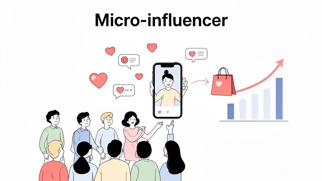 A micro-influencer on a smartphone engaging an audience, leading to social media growth and increased sales.