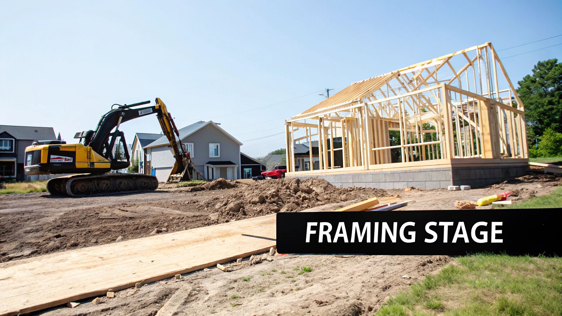 An excavator on a dirt construction site next to a new house in the framing stage.