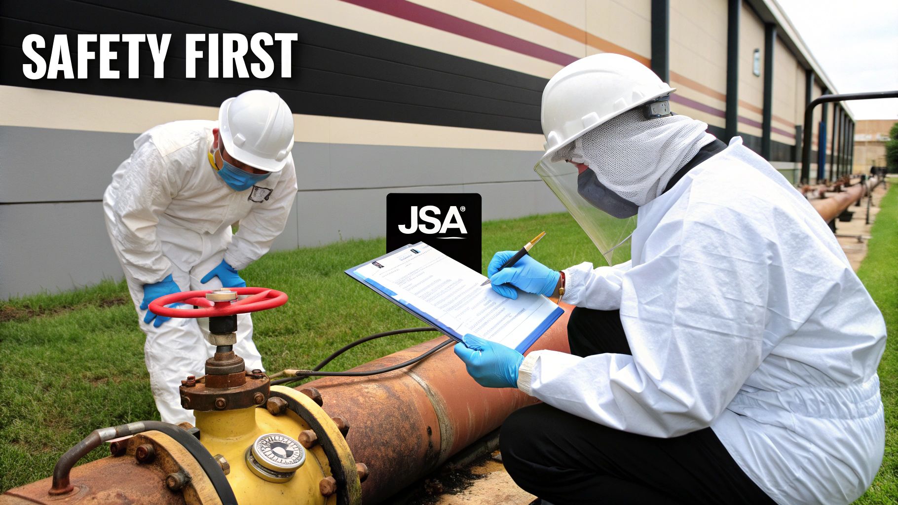 A safety supervisor in full PPE carefully monitors pressure gauges during a hot tapping operation.