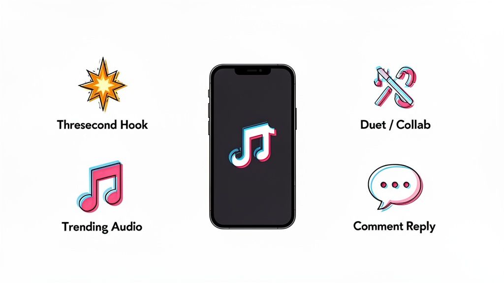 Icons representing key strategies to boost TikTok engagement rates: Hook, Audio, Collabs, and Comments.