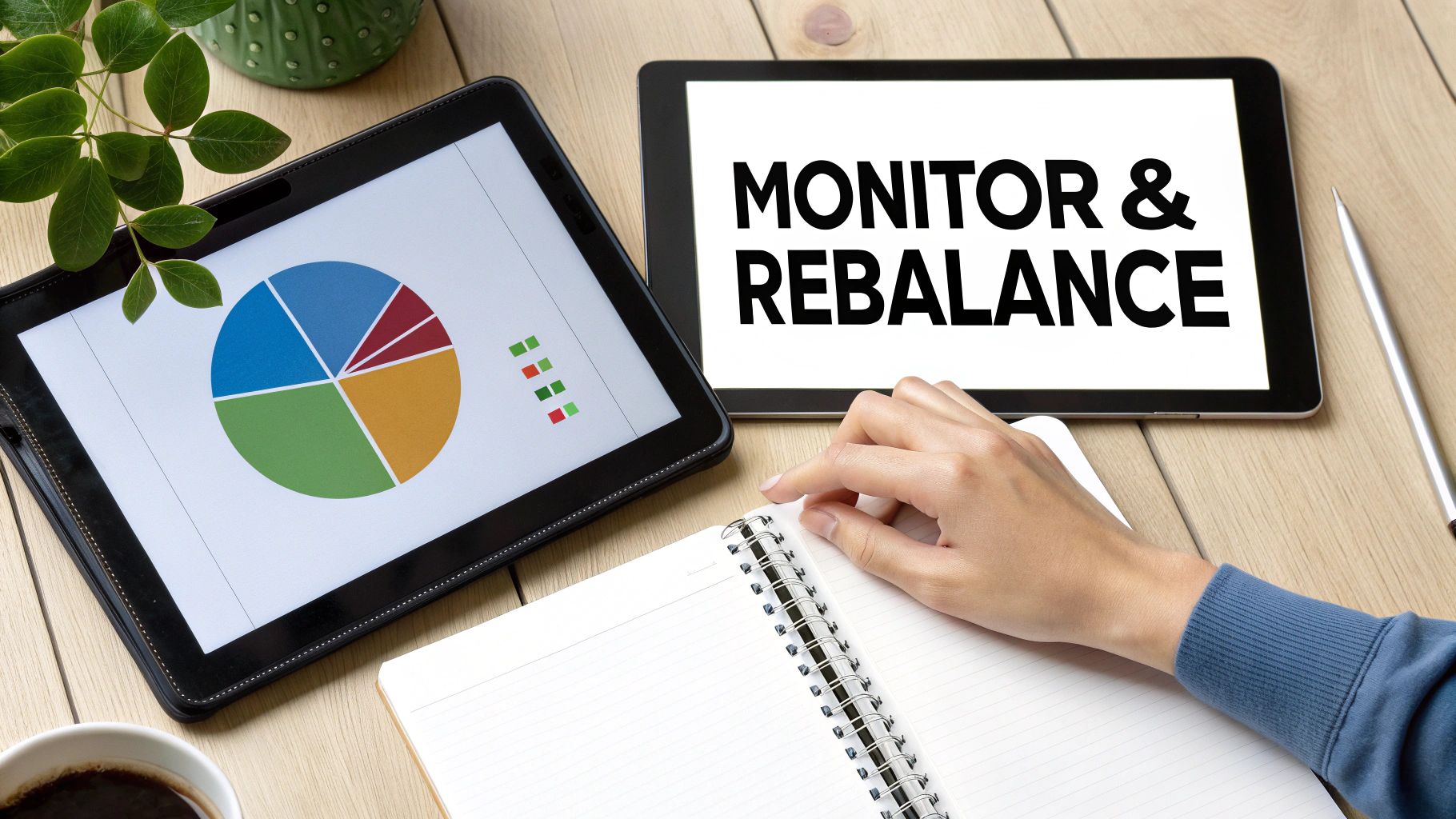 Tablets on a wooden desk, one displaying a pie chart, the other 'MONITOR &amp; REBALANCE', with a hand on a notebook.