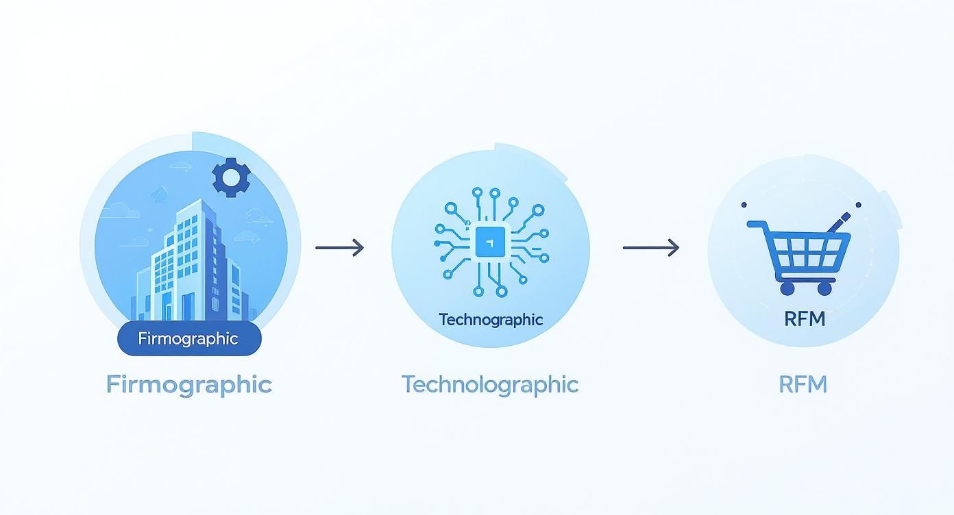 Three-stage diagram showing progression from firmographic to technographic to RFM segmentation methods with icons