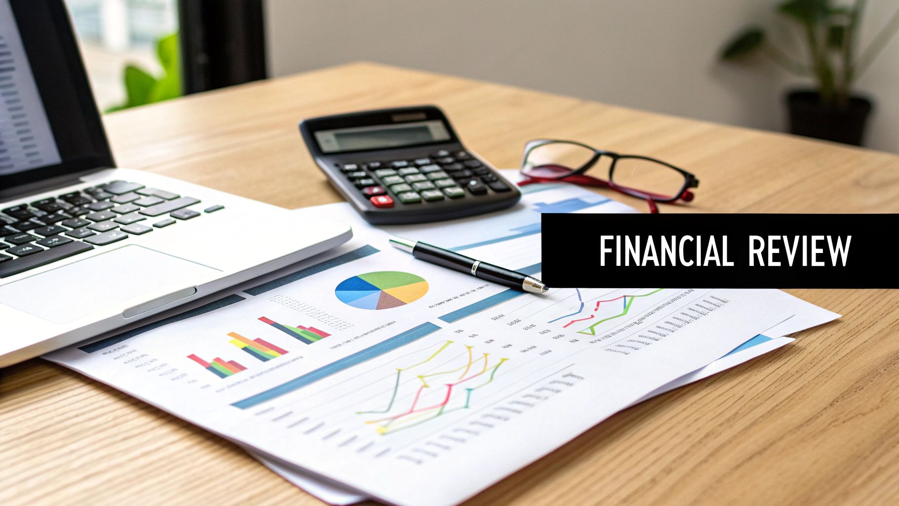 A desk setup with financial reports, a laptop, calculator, pen, and glasses, with 'FINANCIAL REVIEW' text.