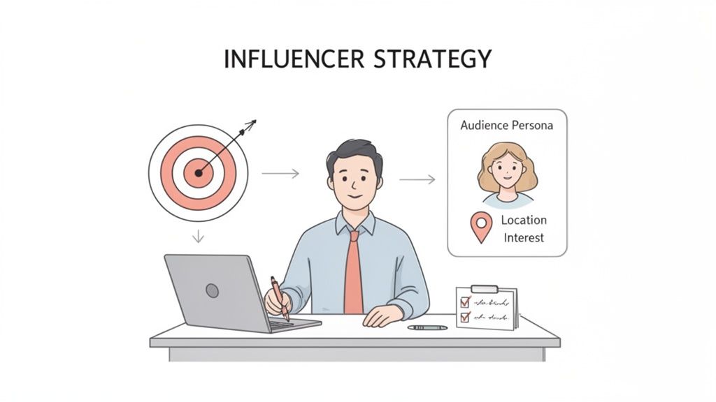 A man working on an influencer strategy, identifying target audience and location interests.