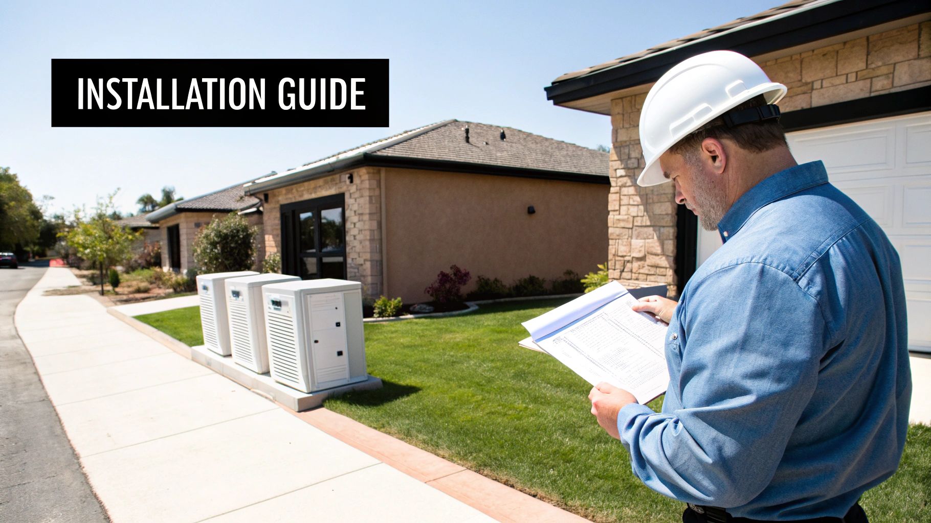 Man in hard hat reviews an installation guide next to three outdoor units for a home fill station.