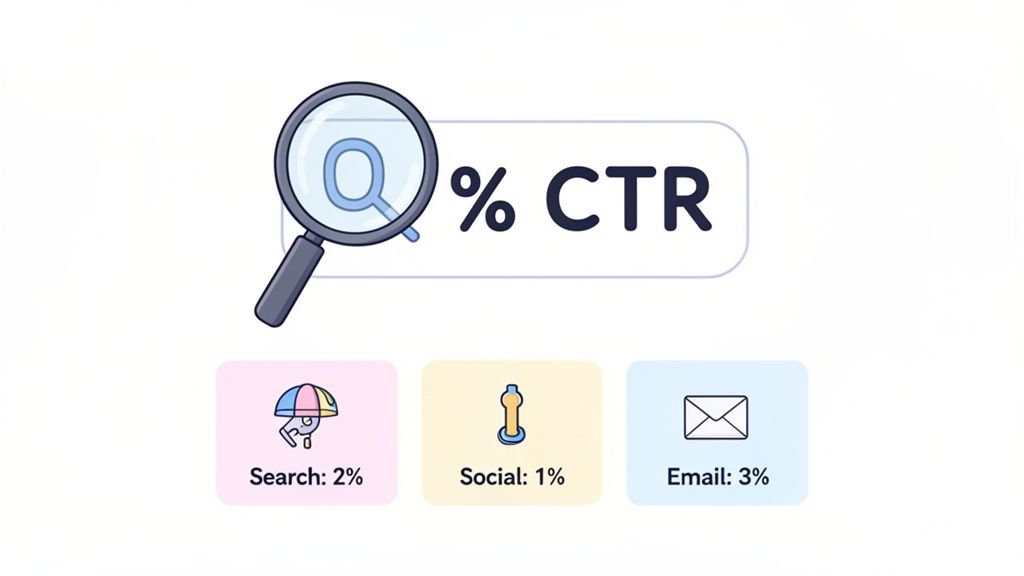 Visualizing CTR percentages for search, social, and email channels, showing 2%, 1%, and 3% respectively, to help understand what is a good click through rate.