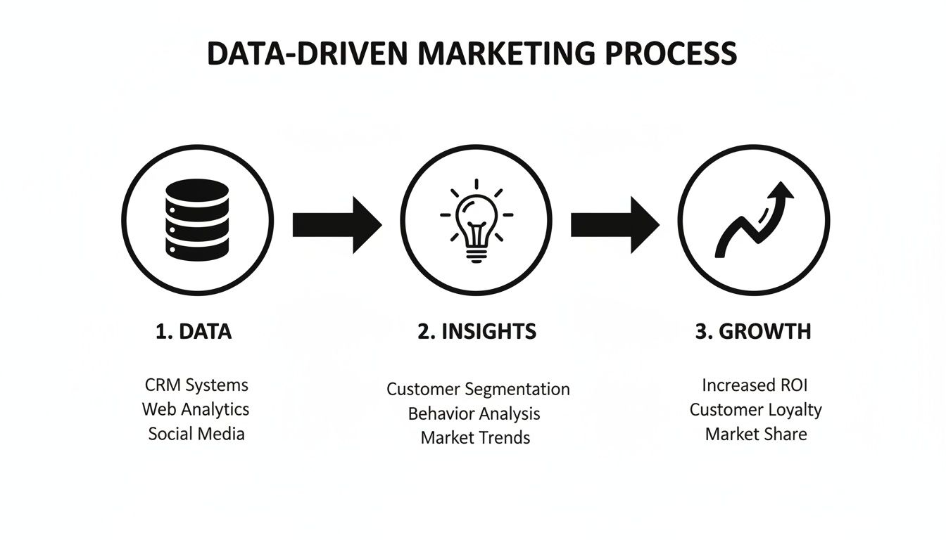 A diagram illustrating the data-driven marketing process: Data to Insights to Growth.