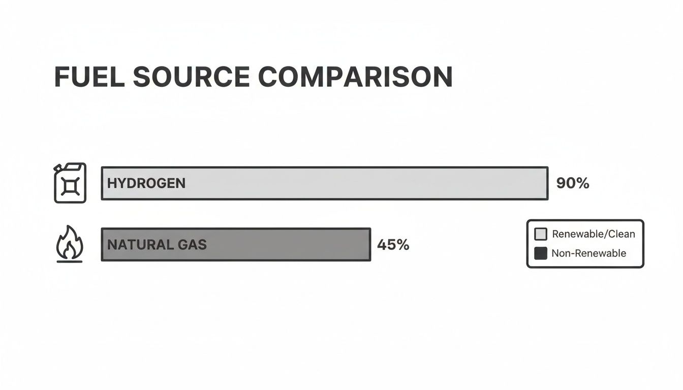A bar chart comparing hydrogen and natural gas as fuel sources, showing hydrogen at 90% renewable and natural gas at 45% non-renewable.
