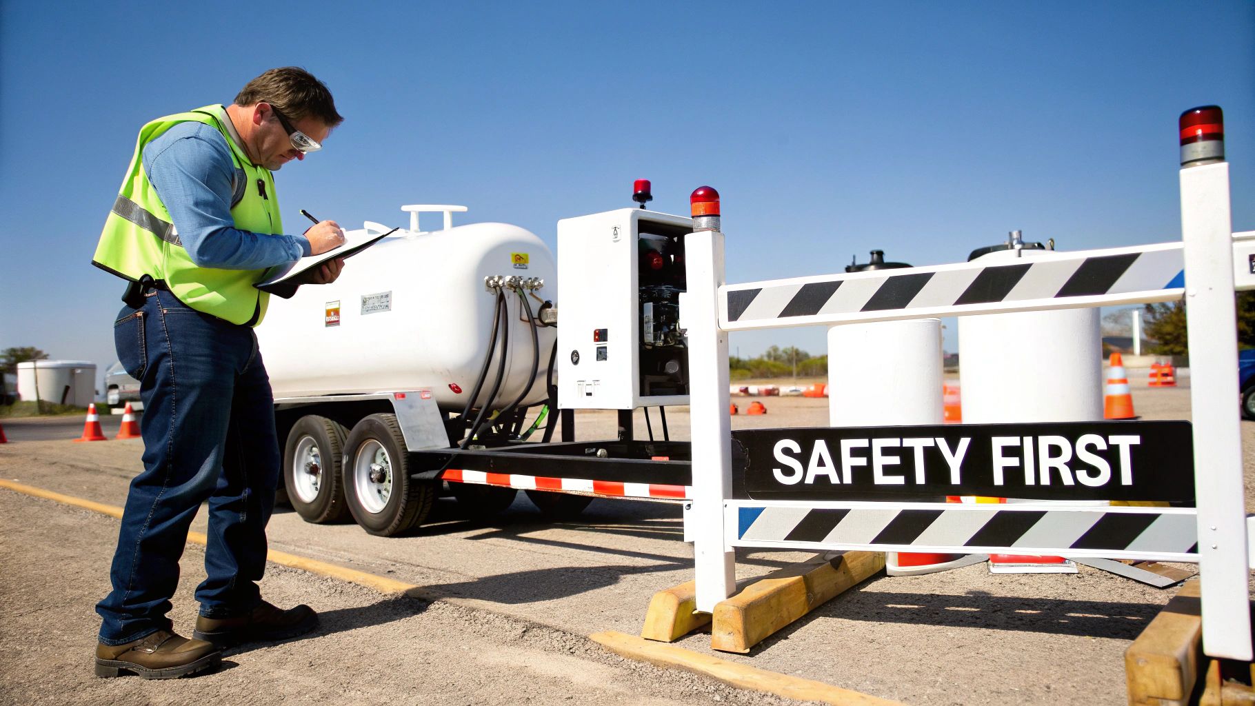 Man in safety vest and goggles writing on a clipboard near a tank trailer with a 'SAFETY FIRST' barrier.