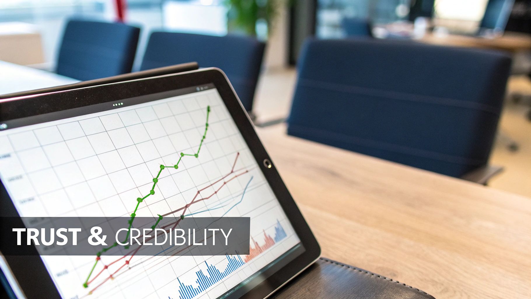 A magnifying glass hovering over a bar chart, symbolizing the analysis of media benefits and ROI.