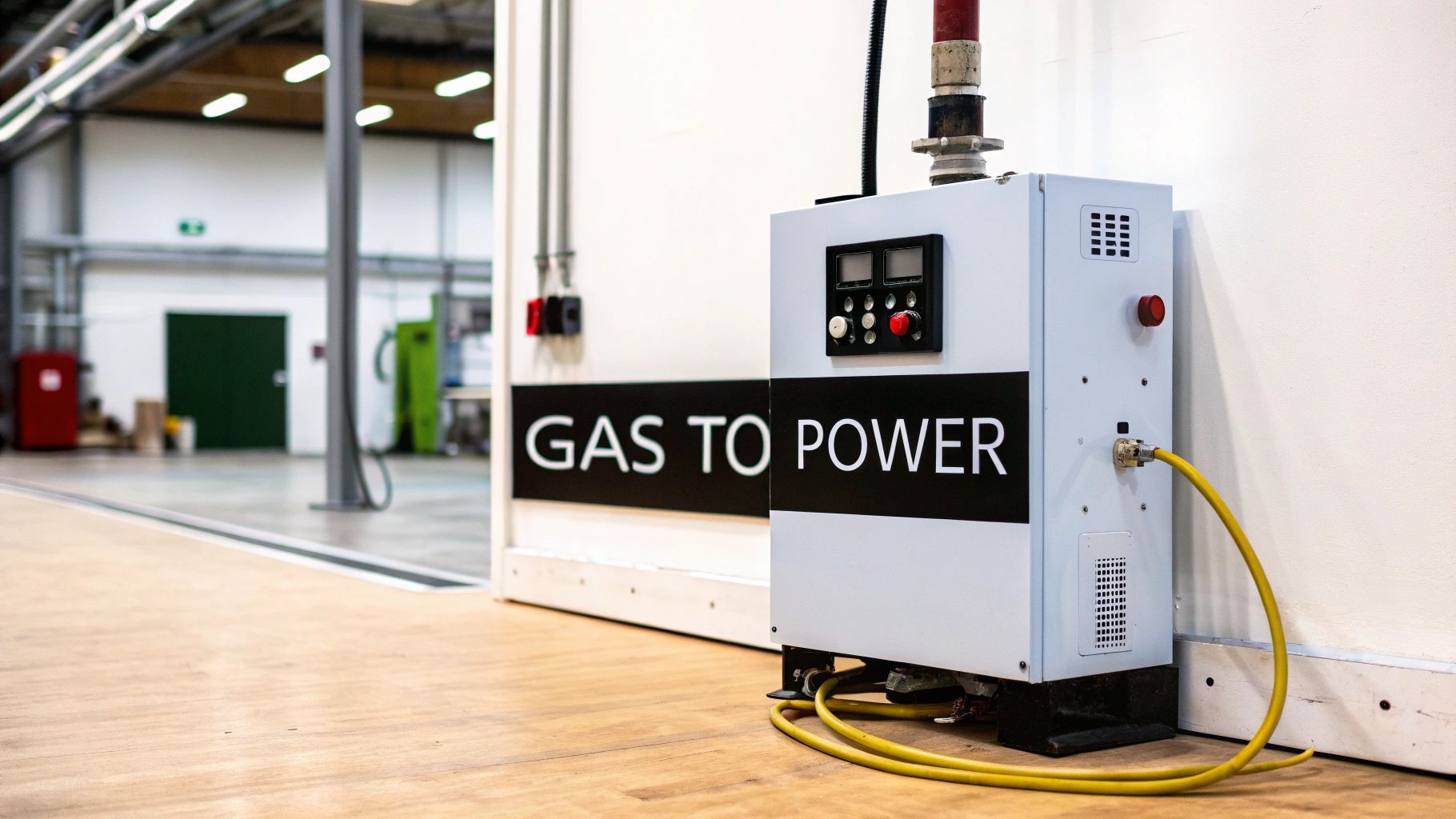A white 'GAS TO POWER' converter unit with a control panel and yellow cable on a wooden floor in an industrial setting.