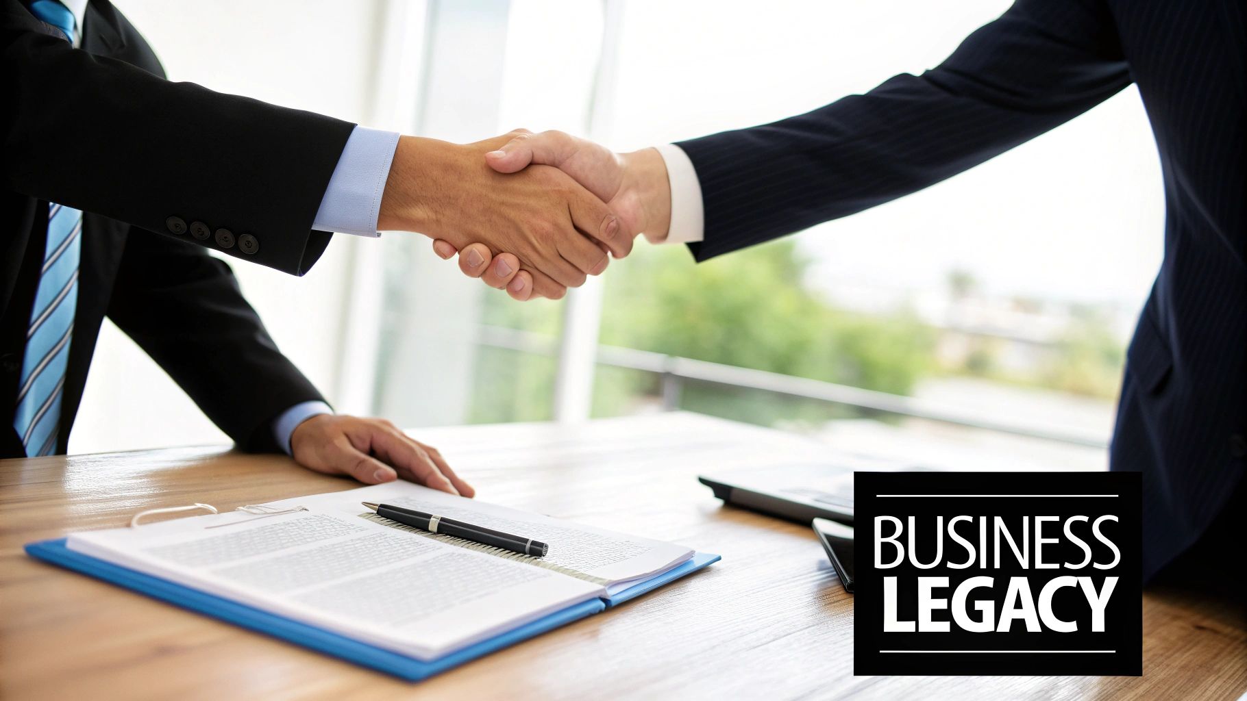 Two business people in suits shaking hands over a document on a table, symbolizing a business legacy agreement.