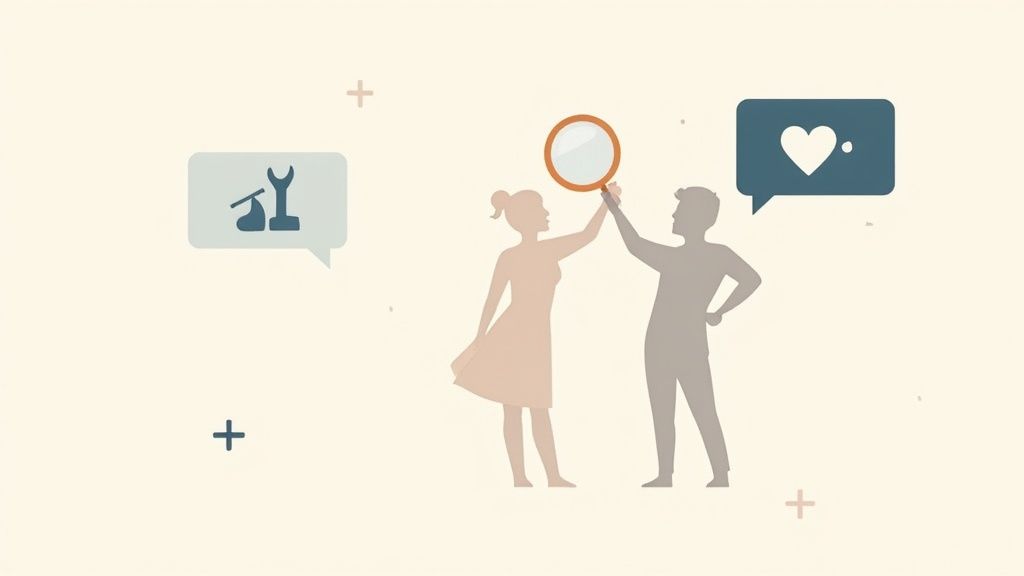 Silhouettes of a man and woman holding a magnifying glass, with speech bubbles showing tools and a heart.