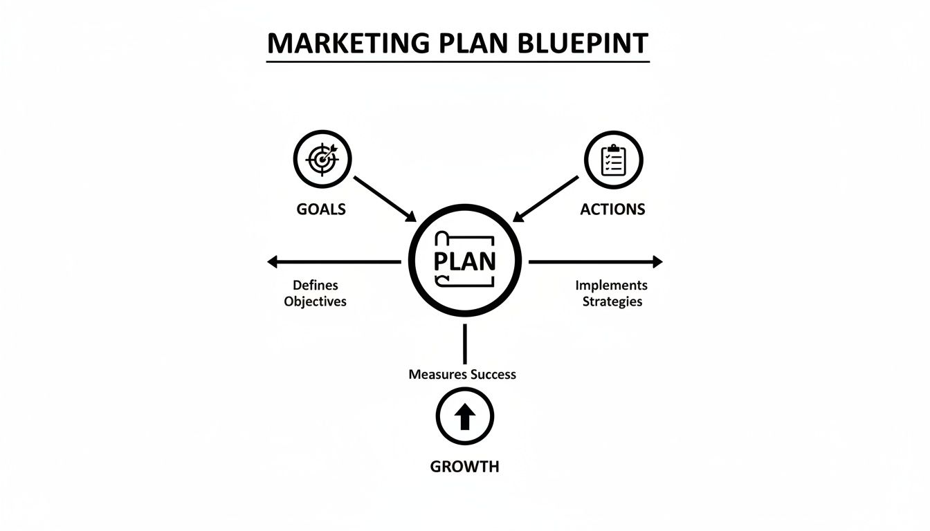 A marketing plan blueprint diagram showing a central plan connected to goals, actions, and growth.