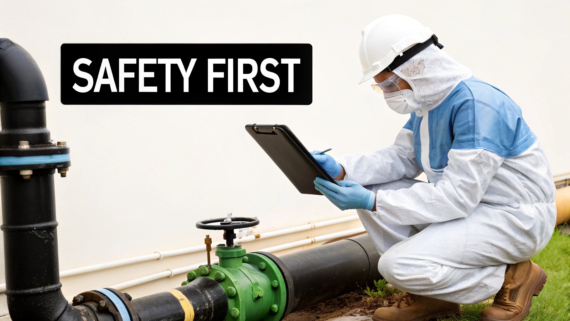 A worker in PPE inspects industrial pipes near a 'SAFETY FIRST' sign with a clipboard.
