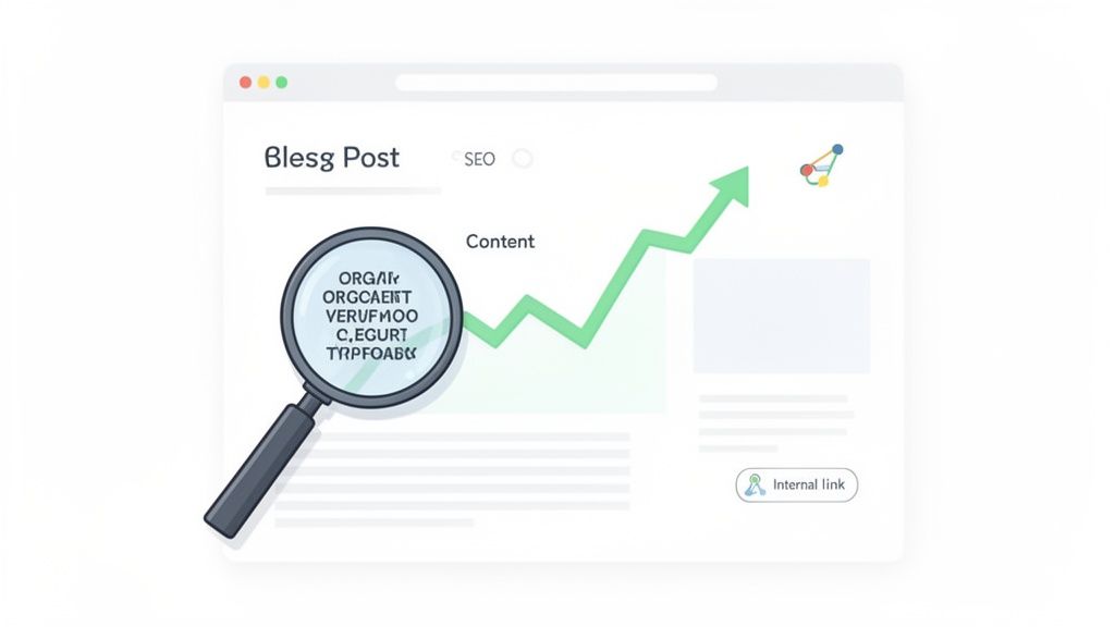 A web page displaying a blog post with a magnifying glass over content, an SEO label, and an upward trending graph.
