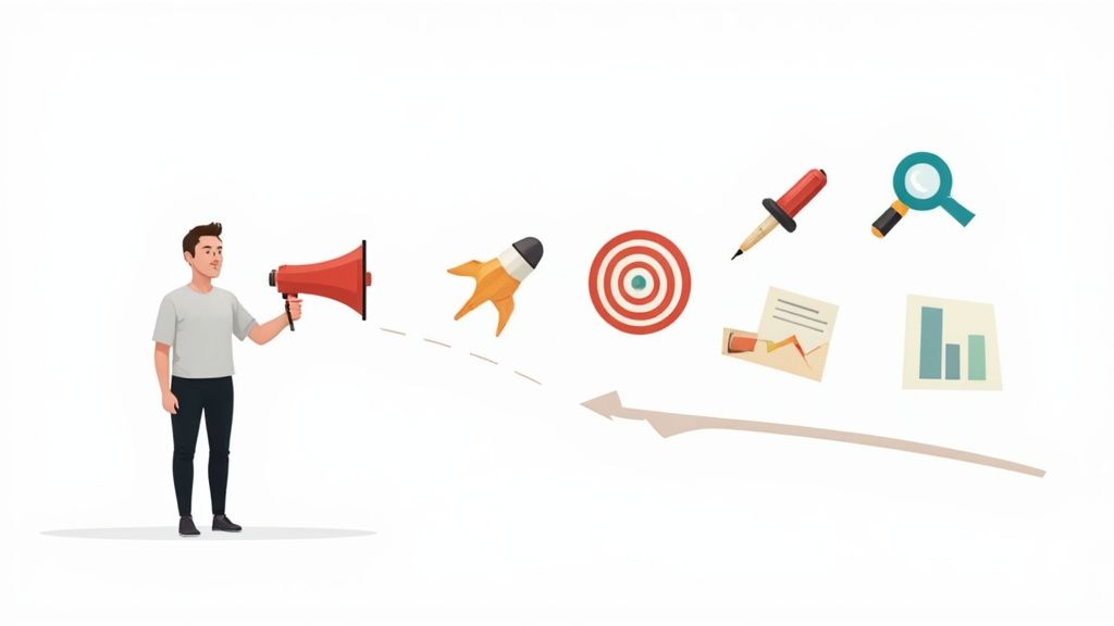 A team collaborating around a desk with laptops and charts, illustrating strategic marketing work.