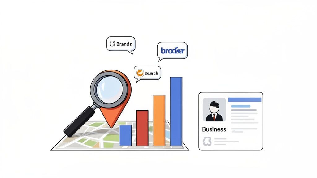 Illustration showing a map with a location pin, magnifying glass, bar graphs, and an online business profile.