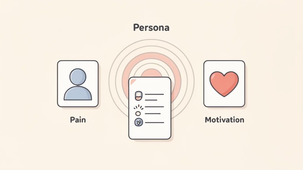 An illustration of a persona showing pain points, a persona document, and motivations.