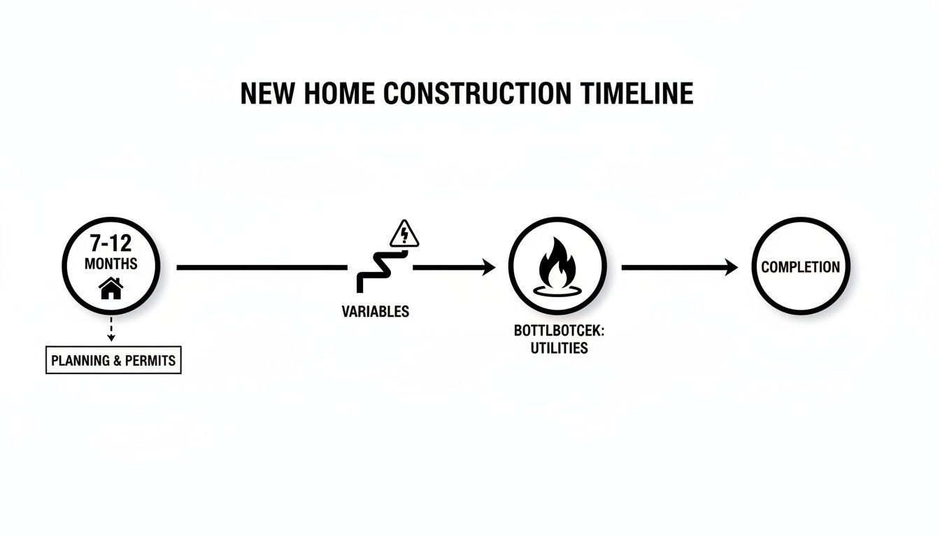 A black and white infographic illustrating the new home construction timeline, from planning to completion.