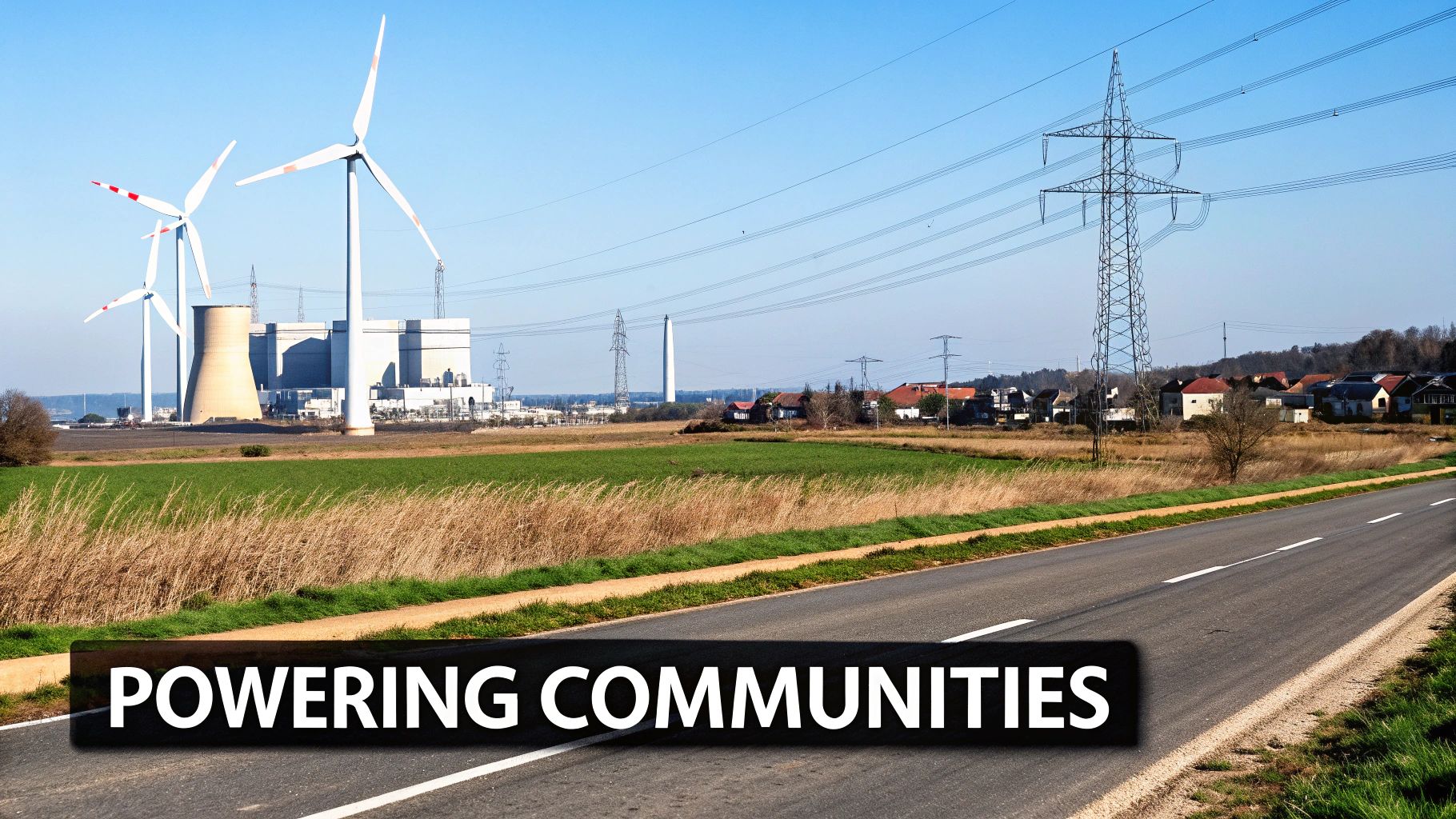 Energy landscape with wind turbines, power plant, and transmission lines powering communities.