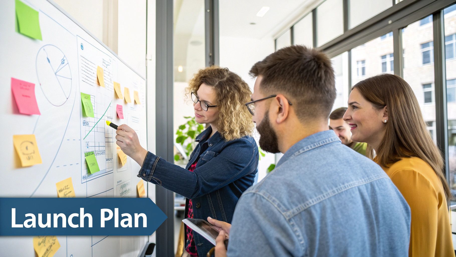 A team collaborating around a desk with a whiteboard, planning a go-to-market strategy for a software launch.