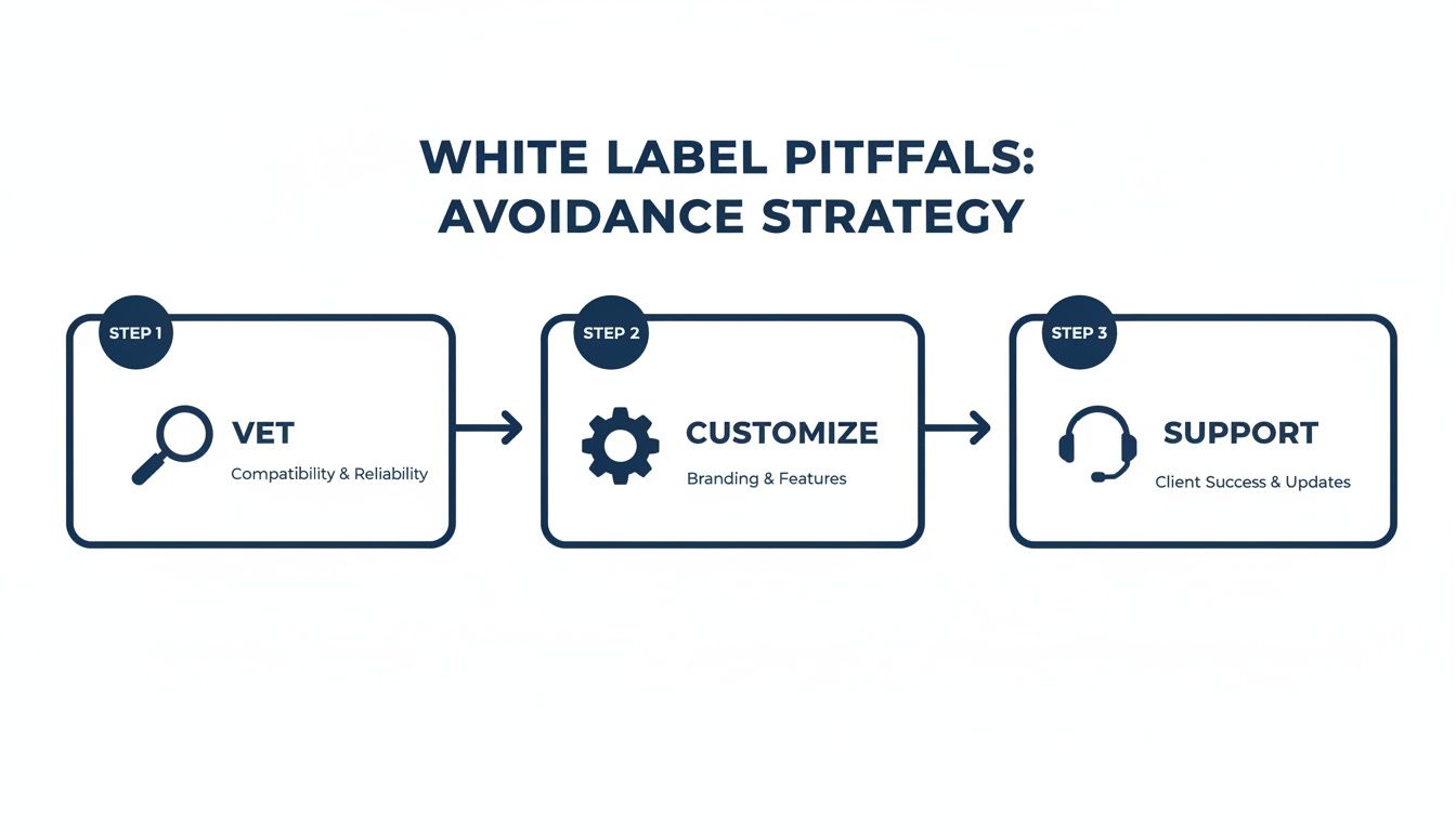 A diagram illustrating a three-step white label pitfalls avoidance strategy: Vet, Customize, and Support.