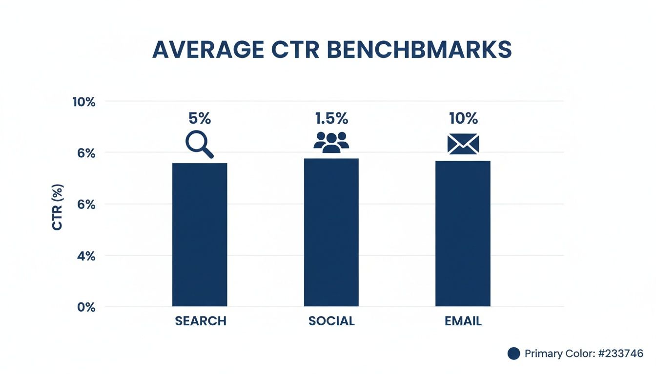 Bar chart illustrating what is a good click through rate with benchmarks for Search (5%), Social (1.5%), and Email (10%).