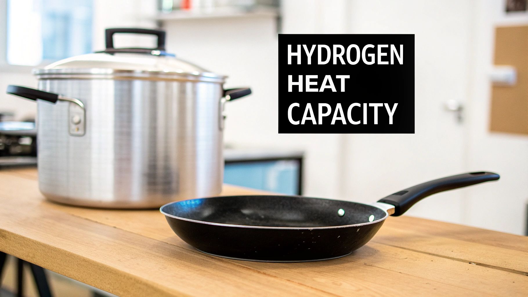 A stainless steel pot and a black frying pan on a wooden table with 'Hydrogen Heat Capacity' text.