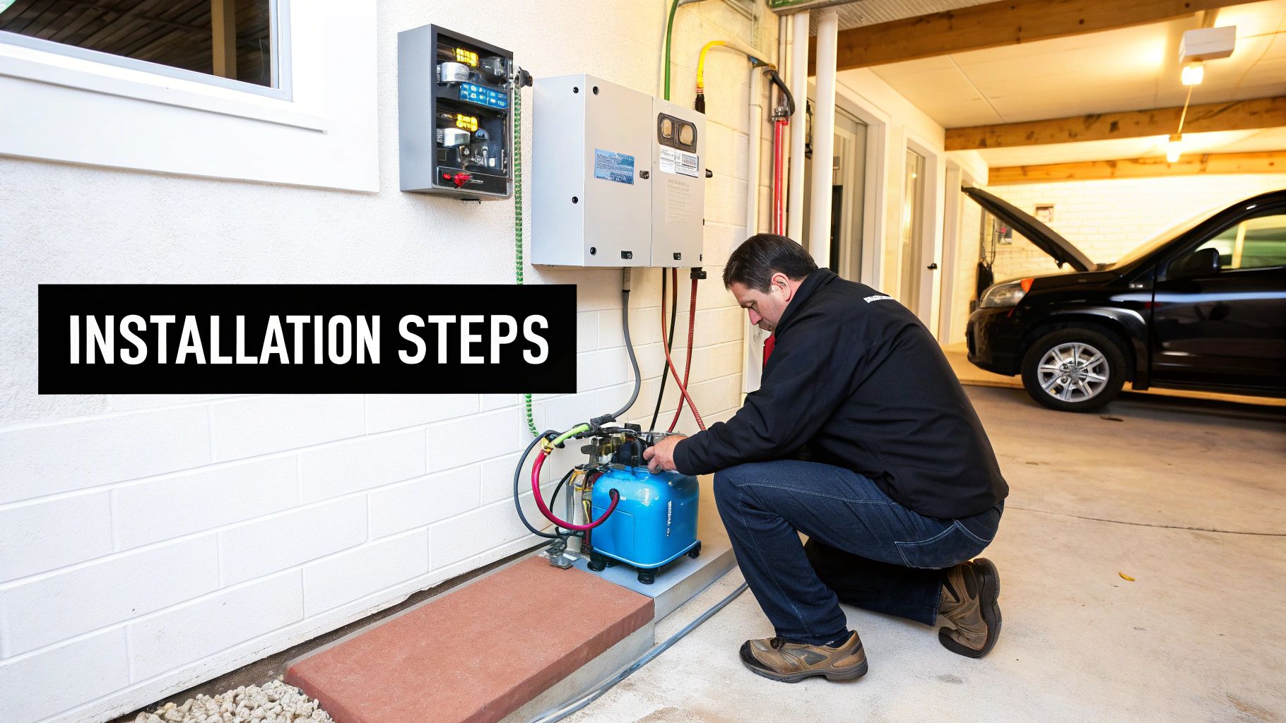 A man kneels, installing components of a home CNG fueling station with wall-mounted electrical boxes.