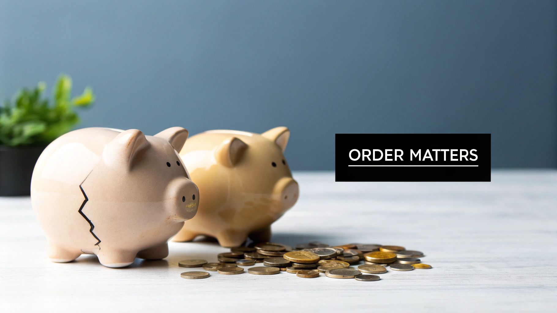 Two piggy banks, one broken with coins, and one intact, illustrating financial risk and order.