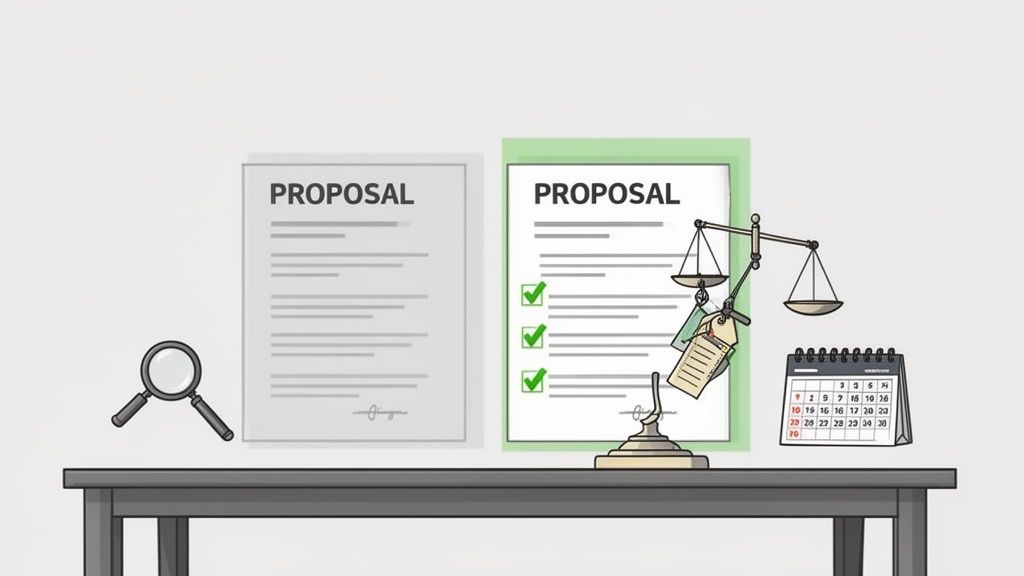 Two proposals, one approved, with a magnifying glass, scales of justice, and calendar for evaluation.