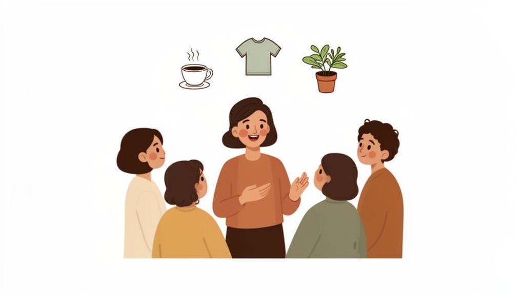 An illustration of five friends discussing lifestyle choices, represented by coffee, a t-shirt, and a plant, showcasing the authentic conversations central to the micro influencers definition.