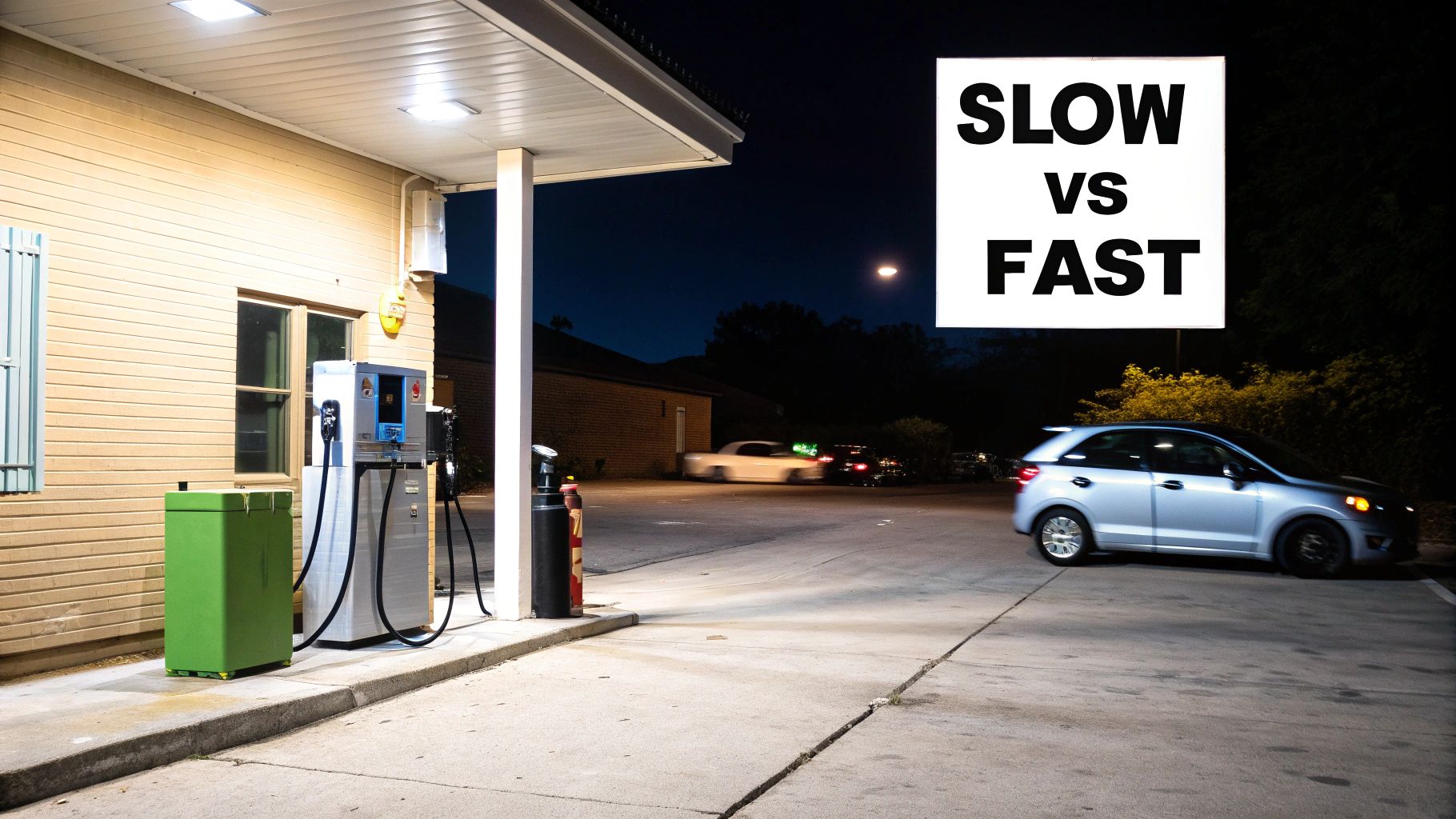 Gas station with fuel pumps and slow versus fast charging comparison sign at night
