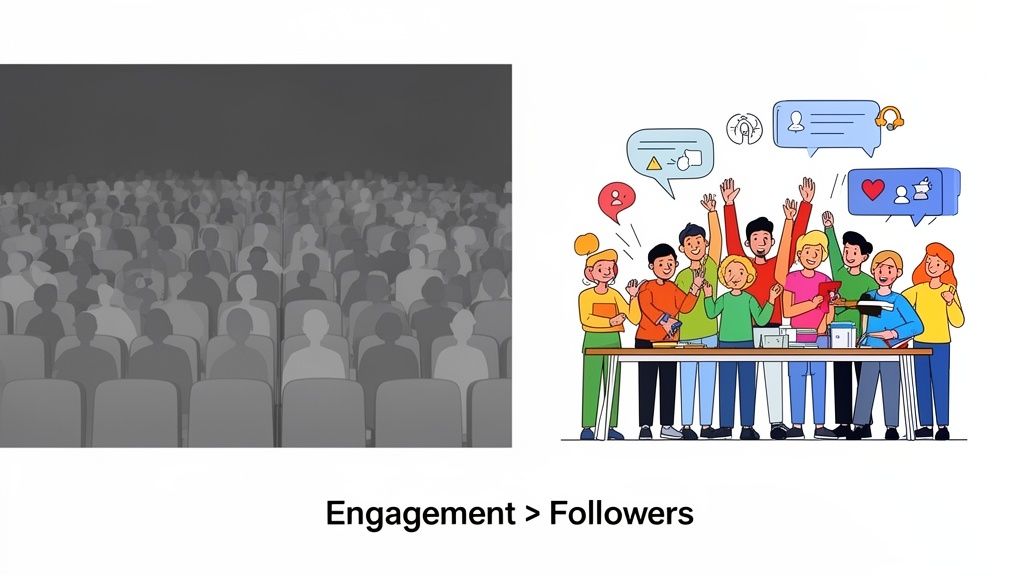 Illustration comparing a large, passive audience with a smaller, highly engaged group, emphasizing engagement over followers.
